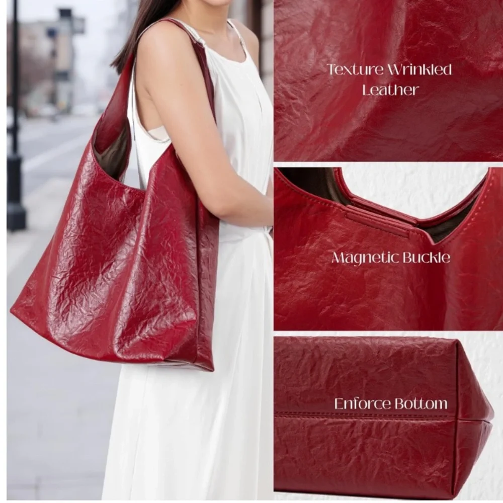 🌹🆕 Vegan Leather Red Burgundy Shoulder bag Slouchy Hobo Tote - Picture 3 of 6